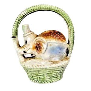 Vintage Lusterware Glaze Elephant Basket Mid-Century Porcelain #1906 Brazil